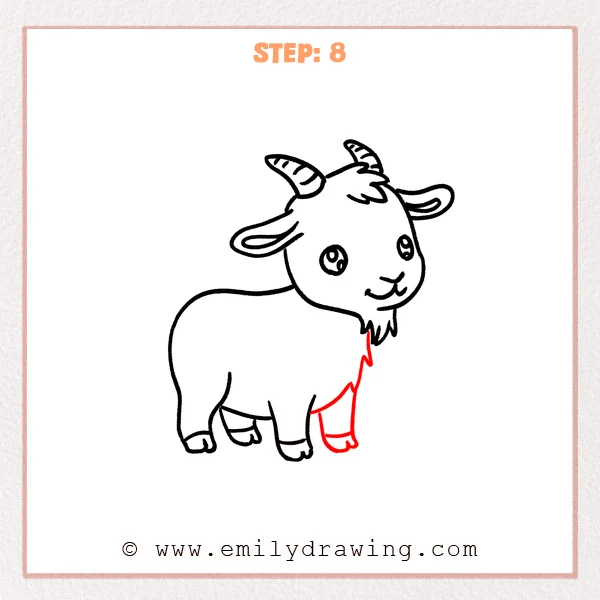 how to draw a cartoon goat - A cartoon goat with head and body drawn, now showing a zigzag chest-fur line and a fully outlined front-right leg with a split hoof.